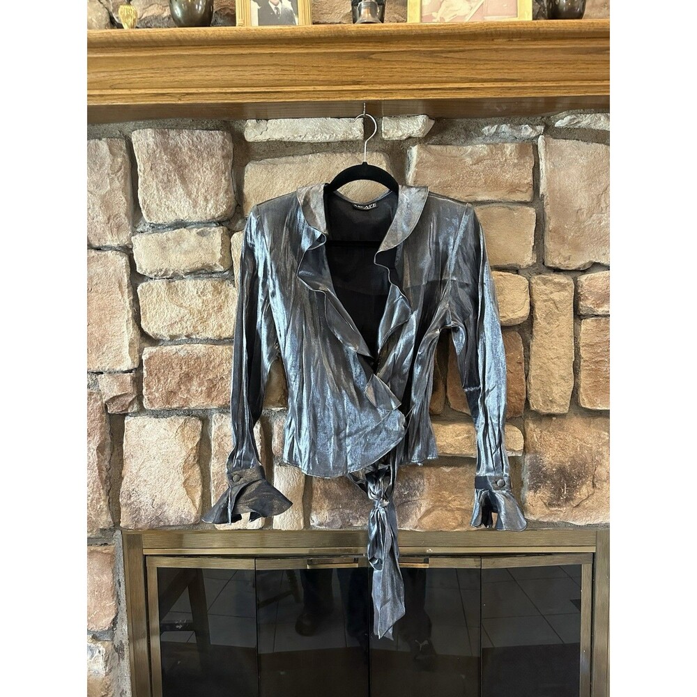 VTG 90s/Y2K Xscape Metallic Silver Wrap Long Sleeve Top Sz 10 Women USA Tie Back